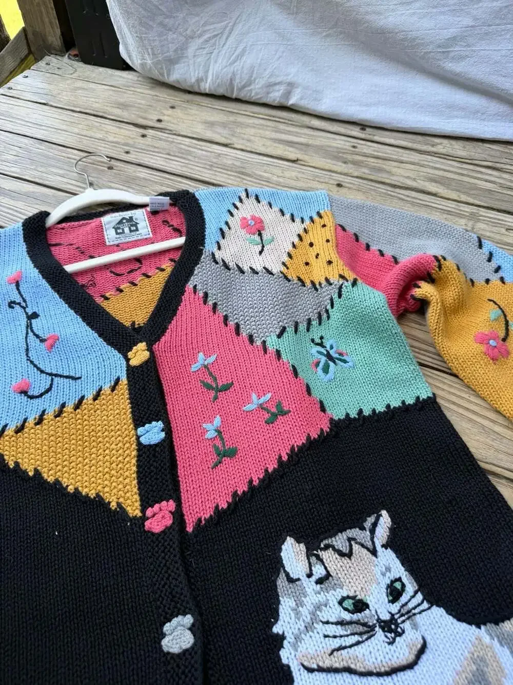 Vintage Storybook Knits Patchwork Cat Cardigan Sweater - Picture 4 of 9